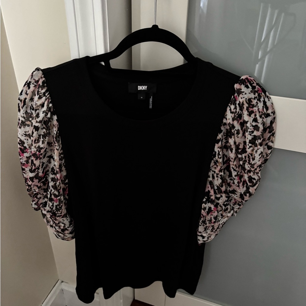 DKNY Black Top with Floral Puff Sleeves